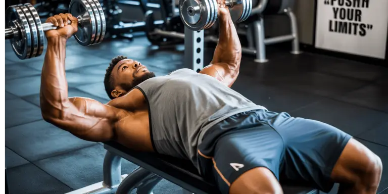 Homme athletique en train de faire un développé couché haltères