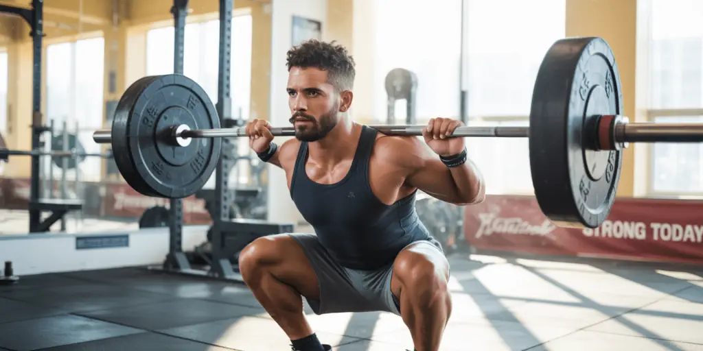 Athlète masculin musclé réalisant un squat avec une barre chargée dans une salle de sport moderne